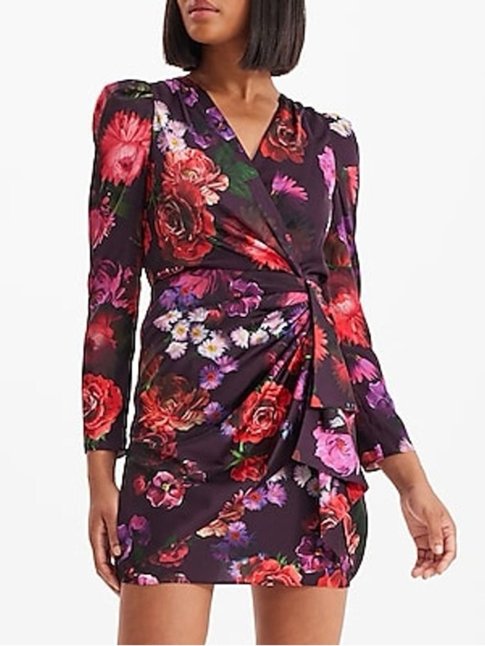 Express Satin Floral V-Neck Puff Sleeve Ruffle Mini Dress Red Purple Size 0 NWT